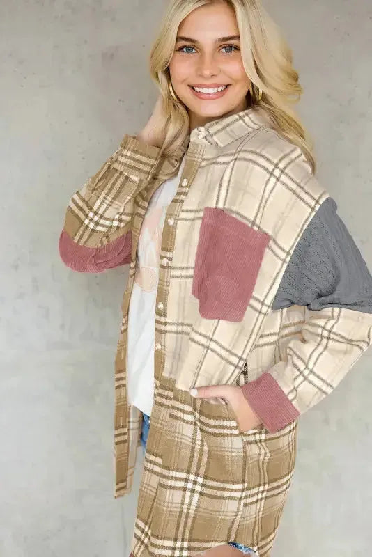 Plaid Color Block Patchwork Shacket - Fashionfitz