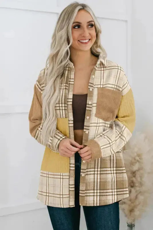 Plaid Color Block Patchwork Shacket - Fashionfitz
