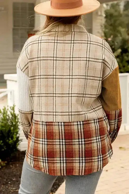 Back view of the plus-size plaid color block shacket with corduroy and flannel textures in warm autumn tones.