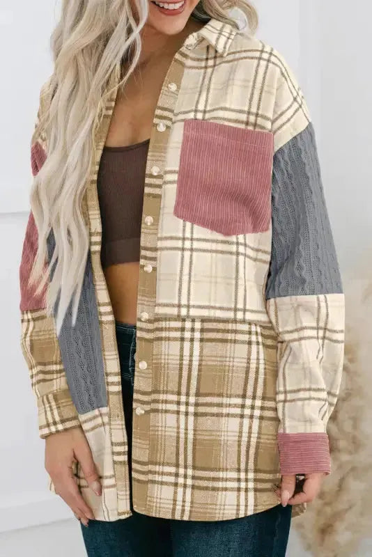 Plaid Color Block Patchwork Shacket - Fashionfitz