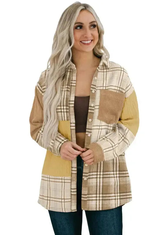 Plaid Color Block Patchwork Shacket - Fashionfitz