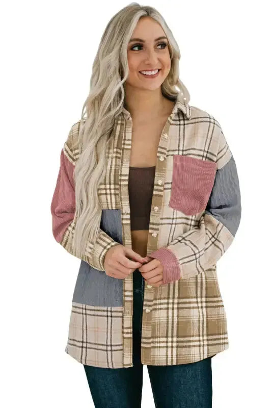 Plaid Color Block Patchwork Shacket - Fashionfitz