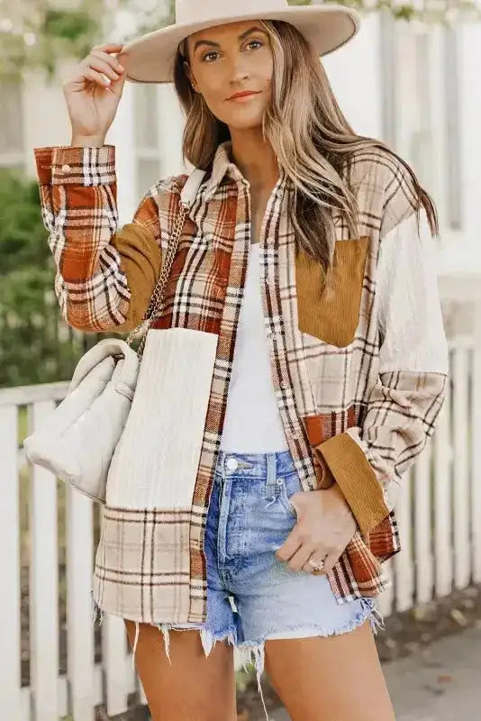 Ladies Plaid Color Block Patchwork Shacket with corduroy and plaid panels, styled with denim shorts and a white tank top.