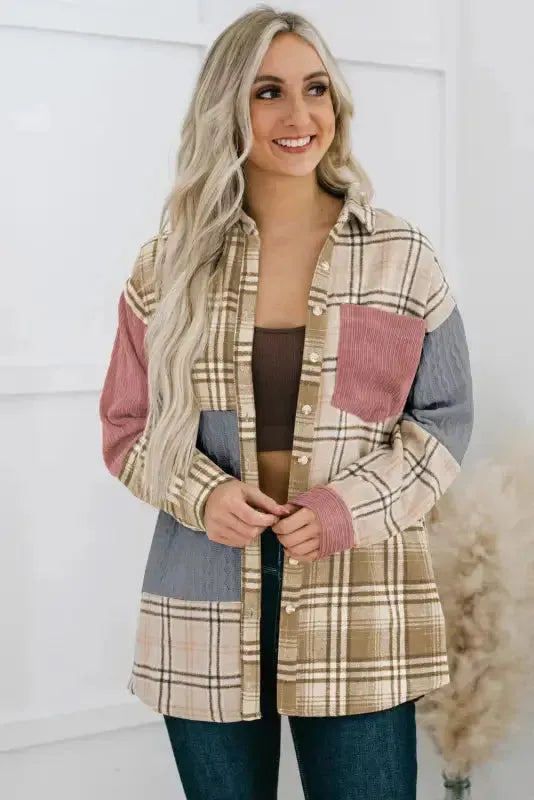 Plaid Color Block Patchwork Shacket - Fashionfitz