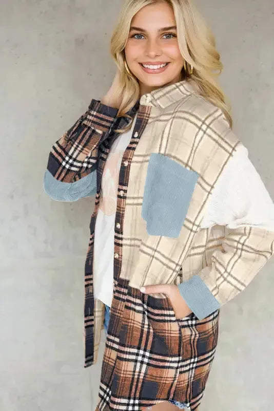 Plaid Color Block Patchwork Shacket - Fashionfitz