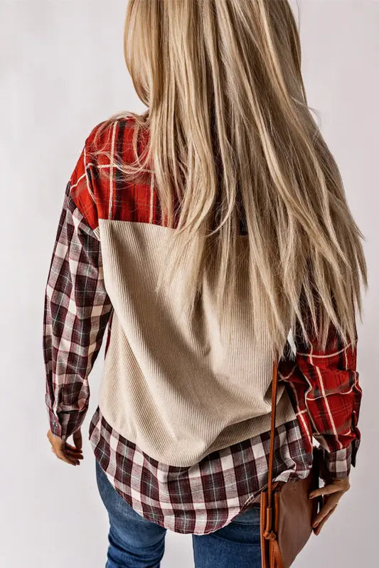 Plaid corduroy patchwork shacket - shackets