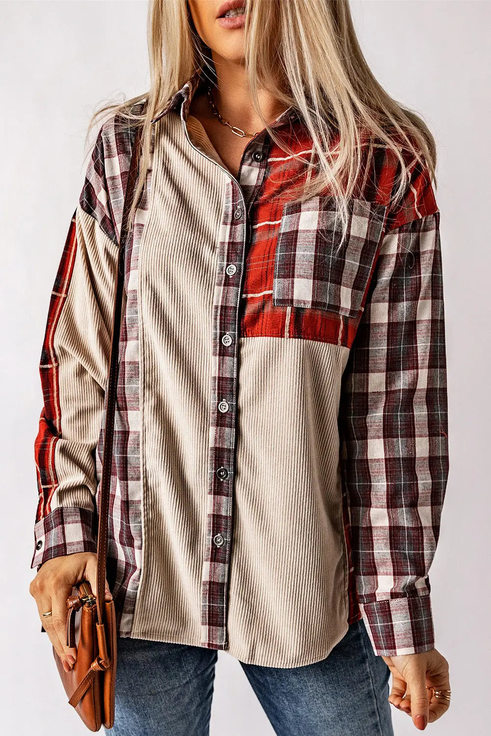 Plaid corduroy patchwork shacket - red / s / 100% cotton - shackets