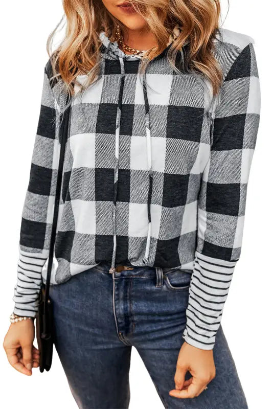 Multicolour plaid striped patchwork drawstring hoodie - sweatshirts & hoodies