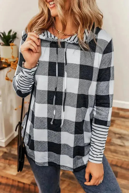 Plaid Drawstring Hoodie - Fashionfitz