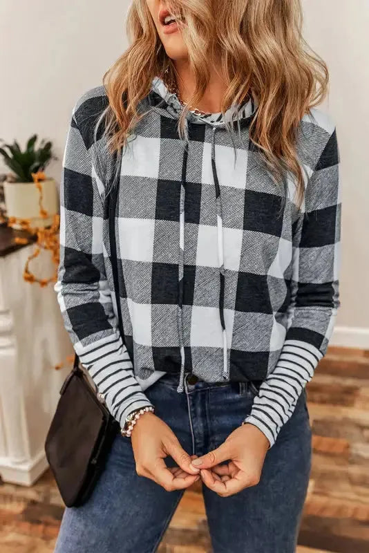 Plaid Drawstring Hoodie - Fashionfitz