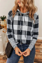 Plaid Drawstring Hoodie - Fashionfitz