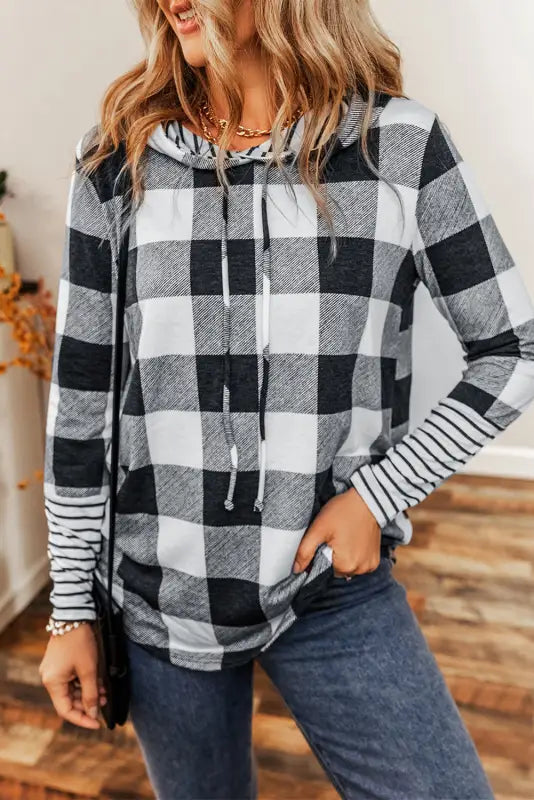 Multicolour plaid striped patchwork drawstring hoodie - sweatshirts & hoodies