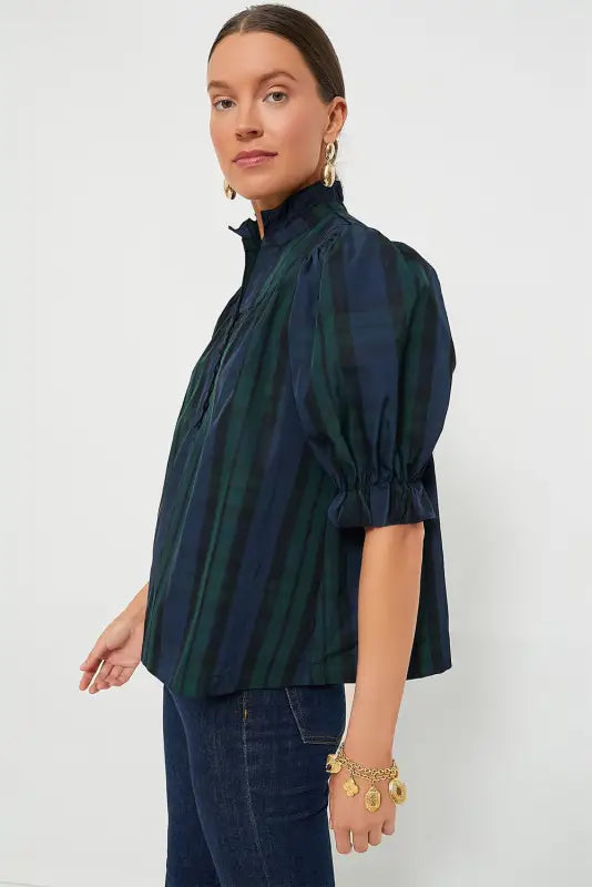 Plaid elegant blouse - puff sleeve frilled trim by fashionfitz