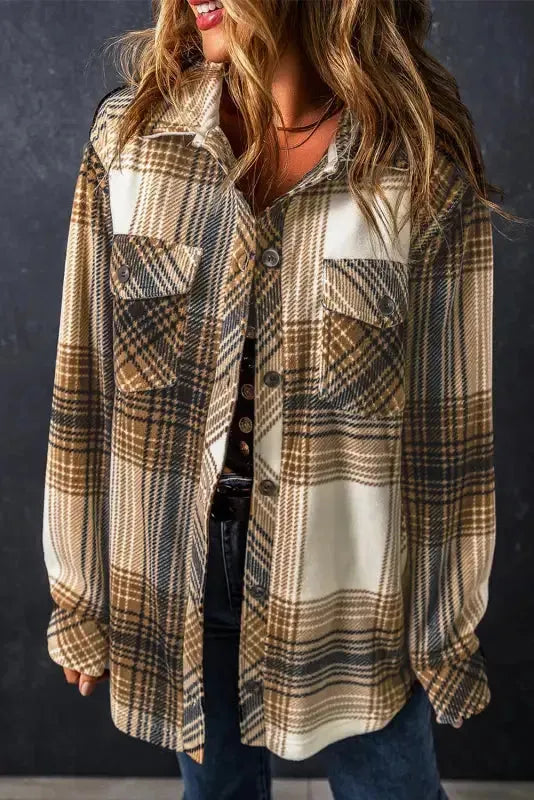 Plaid Flap Pocket Button Up Shacket - Fashionfitz