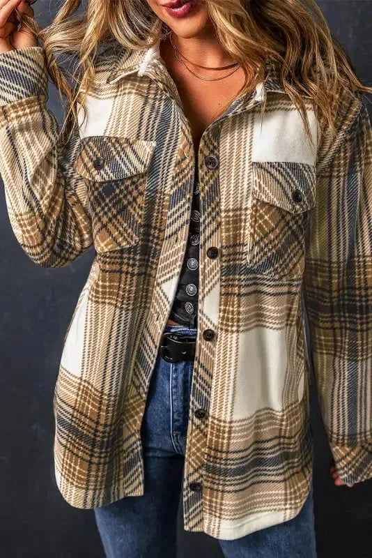 Plaid Flap Pocket Button Up Shacket - Fashionfitz
