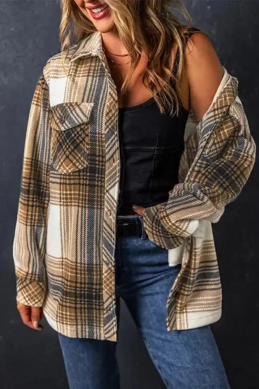 Plaid Flap Pocket Button Up Shacket - Fashionfitz