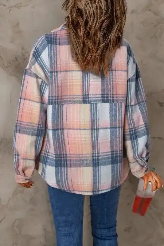 Back view of pastel plaid Stylish Plaid Shacket with Flap Pockets, showcasing relaxed fit and soft fabric texture.