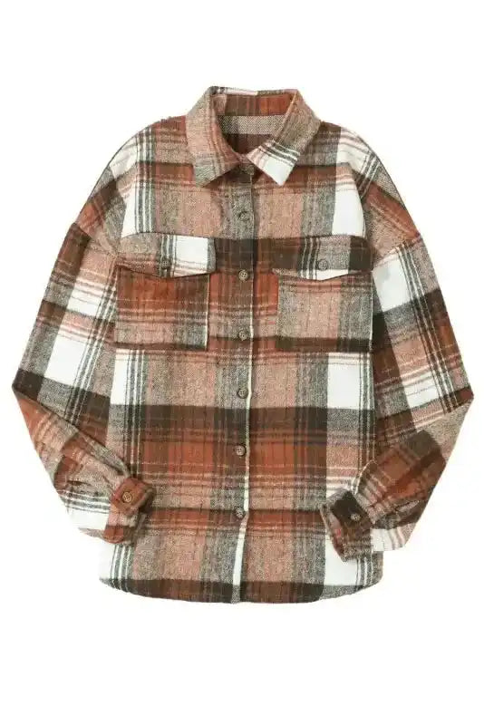 Brown plaid Stylish Plaid Shacket with Flap Pockets, button-up front, and long sleeves, ideal for fall outerwear.
