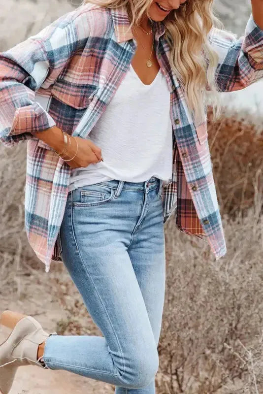 Plaid Flap Pockets Shacket - Fashionfitz