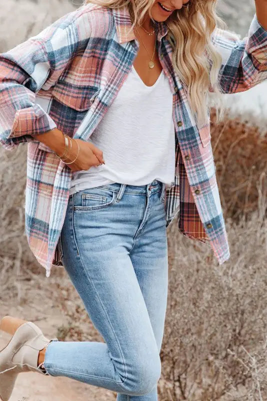 Plaid flap pockets shacket - fashionfitz