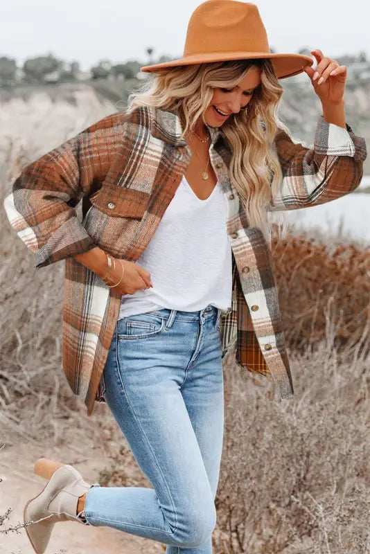 Plaid flap pockets shacket - fashionfitz