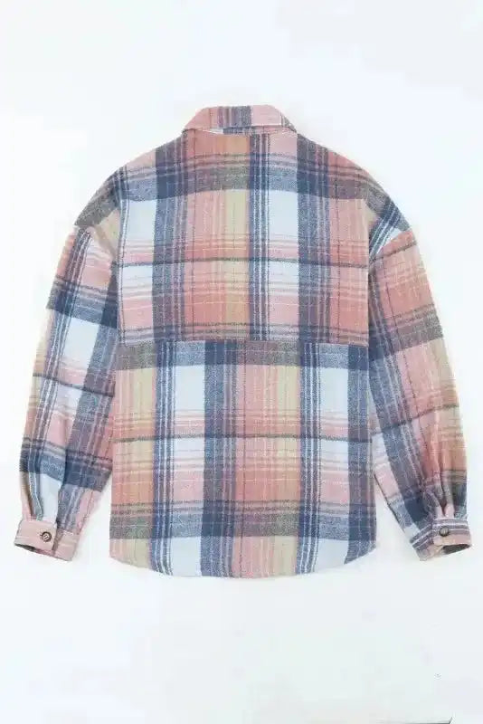 Back flat lay of pastel plaid Stylish Plaid Shacket with Flap Pockets, showing full pattern and relaxed cut.