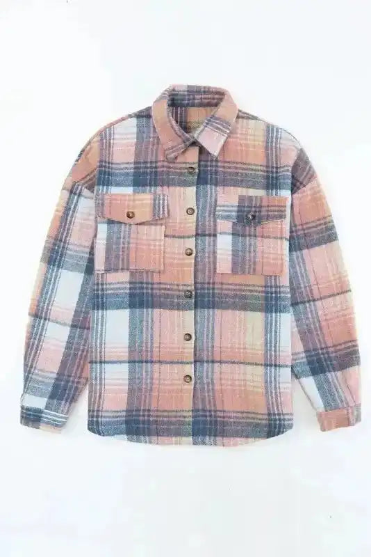 Flat lay of pastel plaid Stylish Plaid Shacket with Flap Pockets, featuring button-up front and chest pockets.
