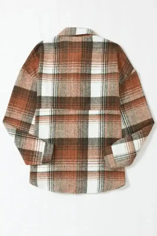 Back flat lay of plaid shacket flap pockets in warm tones, highlighting fall outerwear design.