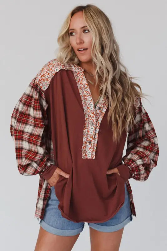 Plaid floral pullover top - plus size - blouses