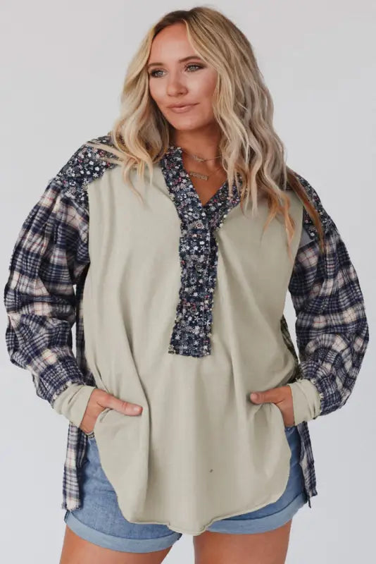 Plaid floral pullover top - plus size - blouses