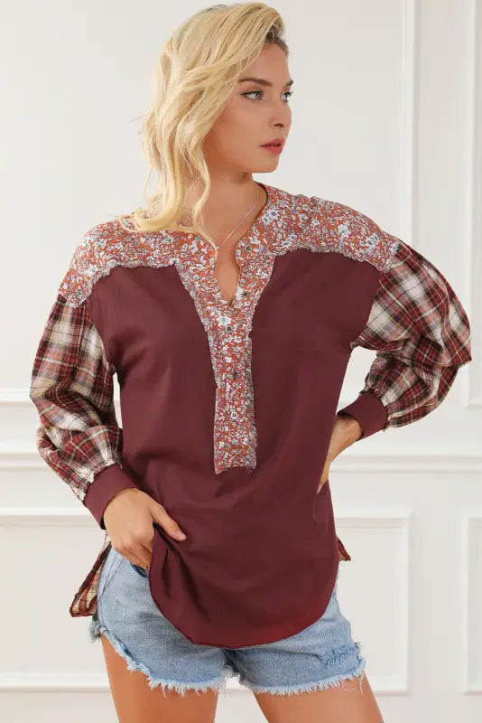 Plaid floral pullover top - plus size - blouses