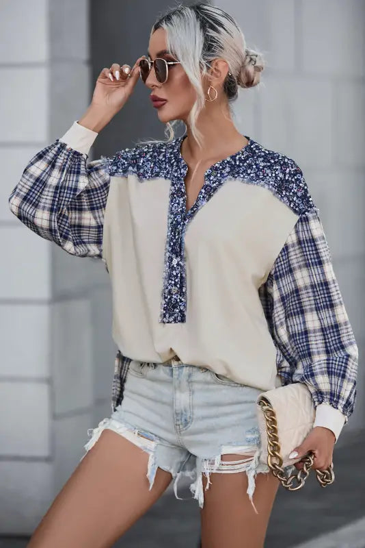 Plaid floral pullover top - plus size - blouses