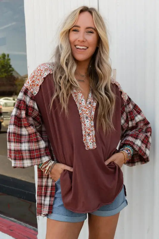 Plaid floral pullover top - plus size - blouses