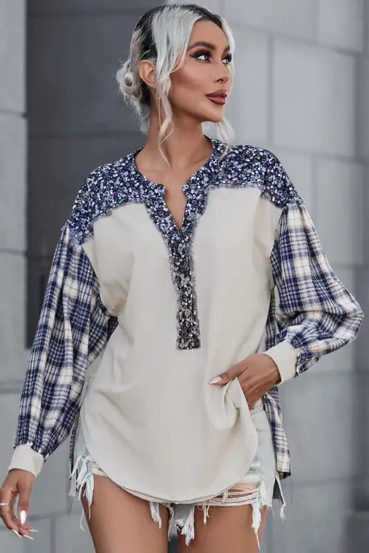 Plaid floral pullover top - plus size - blouses