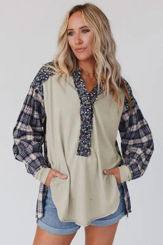 Plaid floral pullover top - plus size - blouses