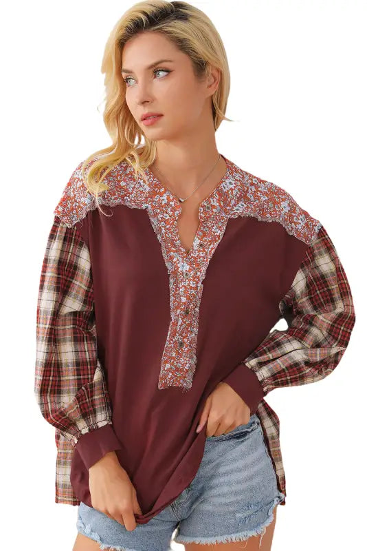 Plaid floral pullover top - plus size - blouses