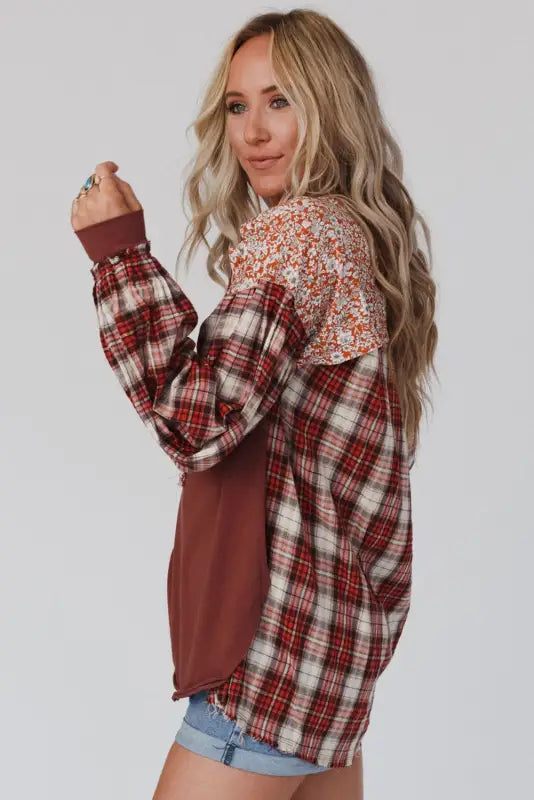 Plaid floral pullover top - plus size - blouses