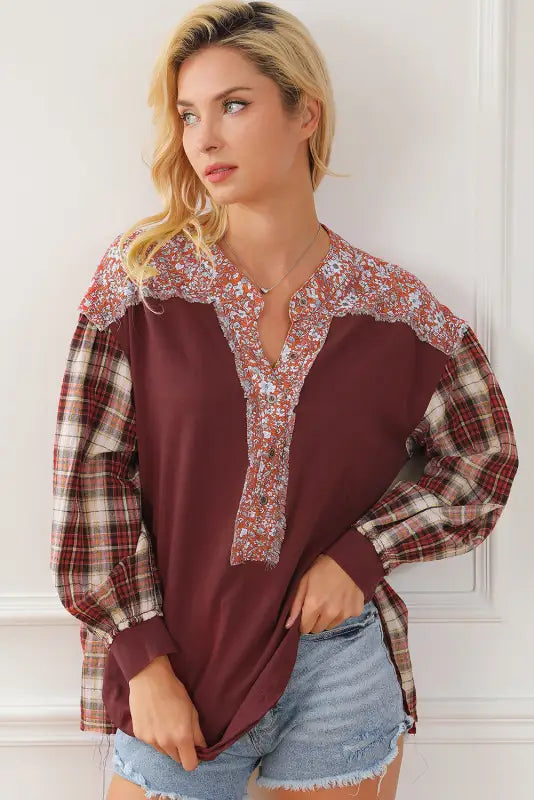 Plaid floral pullover top - plus size - blouses