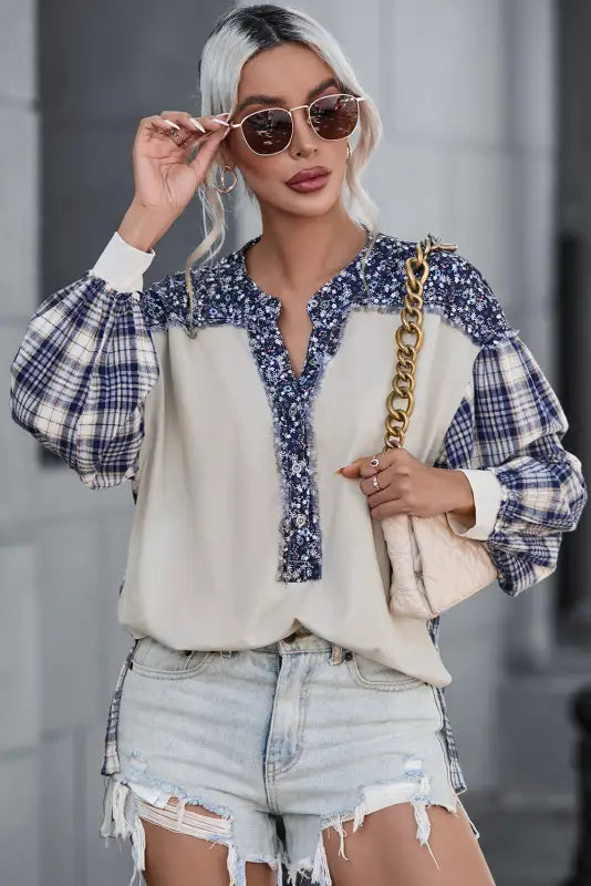 Plaid floral pullover top - plus size - blouses