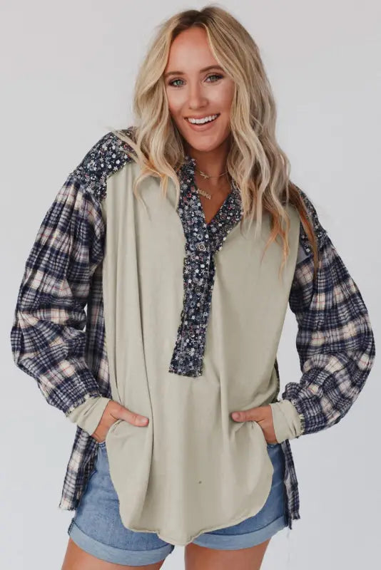 Plaid floral pullover top - plus size - blouses