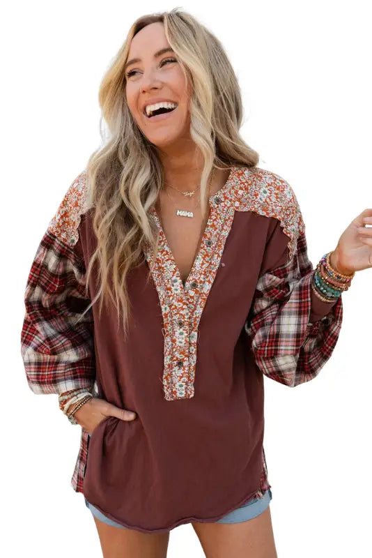 Plaid floral pullover top - plus size - blouses