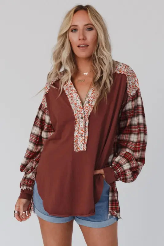 Plaid floral pullover top - plus size - blouses