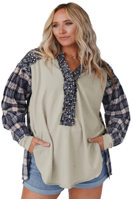 Plaid floral pullover top - plus size - blouses