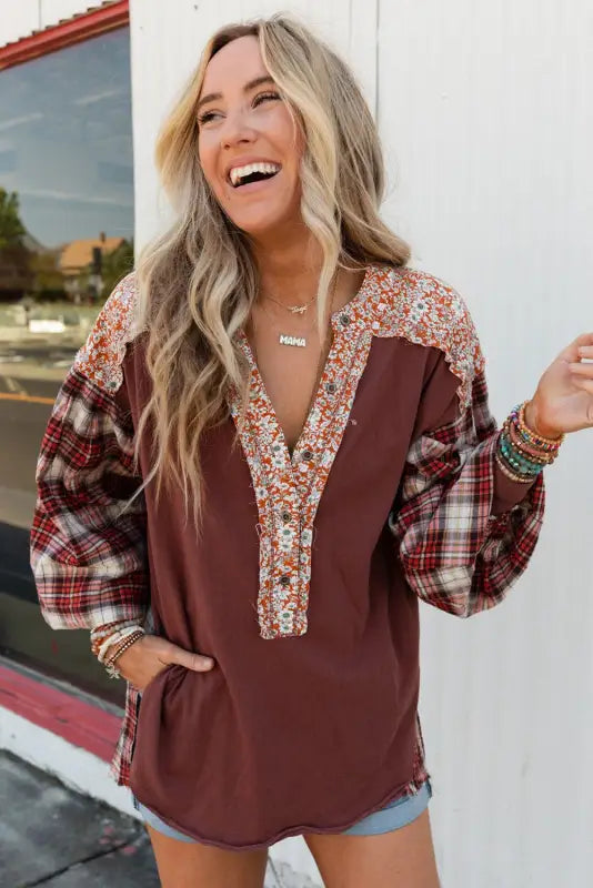 Plaid floral pullover top - plus size - blouses