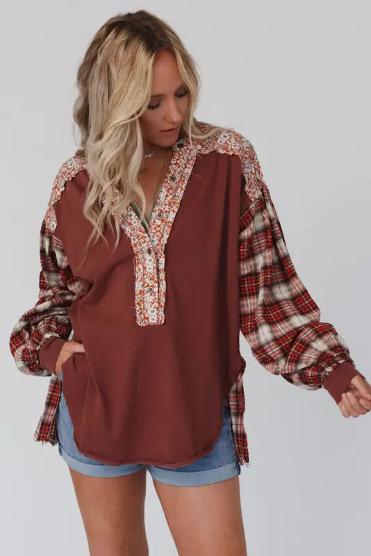 Plaid floral pullover top - plus size - blouses