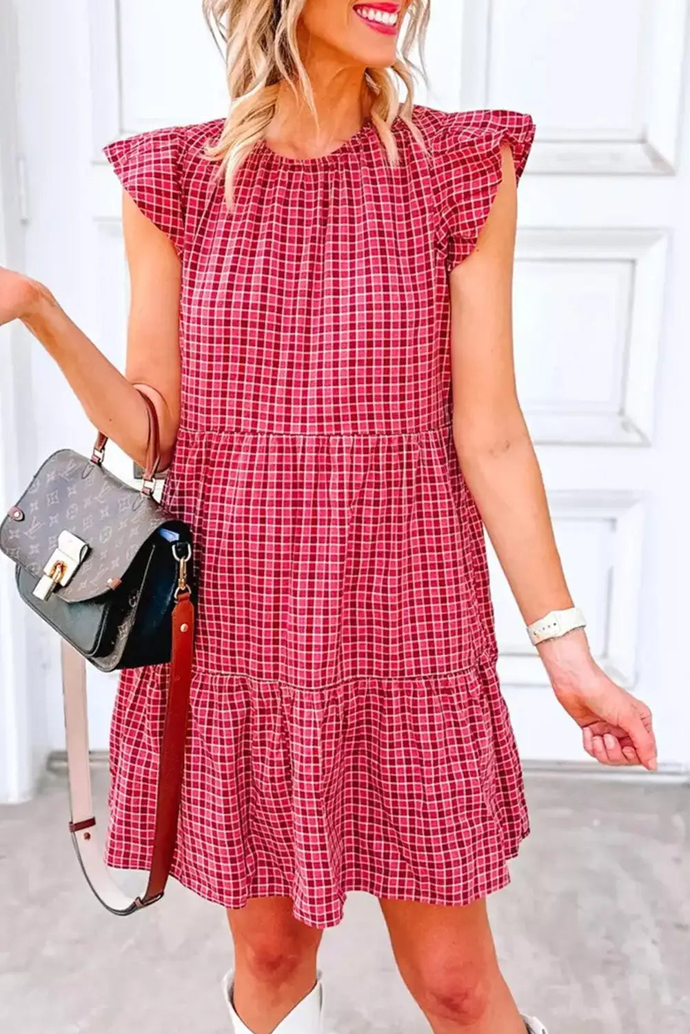 Plaid flutter sleeve ruffle tiered mini dress - red clay / s / 100% polyester - dresses