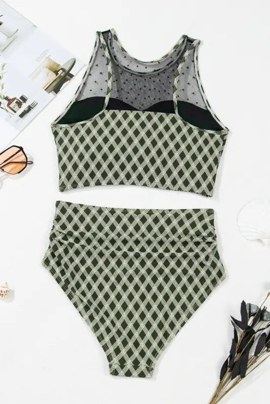 Plaid high waist bikini - dotted mesh patchwork