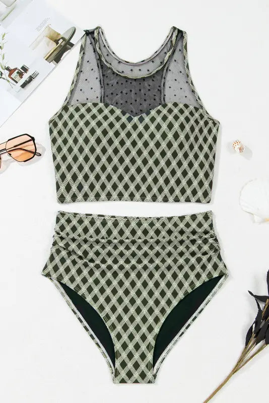 Plaid high waist bikini - dotted mesh patchwork