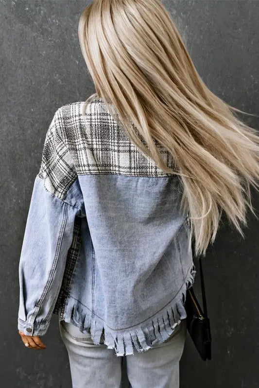 Sky blue plaid patchwork fringed flap pockets denim jacket - outerwear