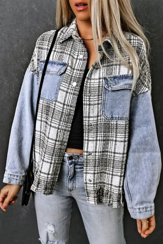 Sky blue plaid patchwork fringed flap pockets denim jacket - s / 79% cotton + 21% polyester - outerwear